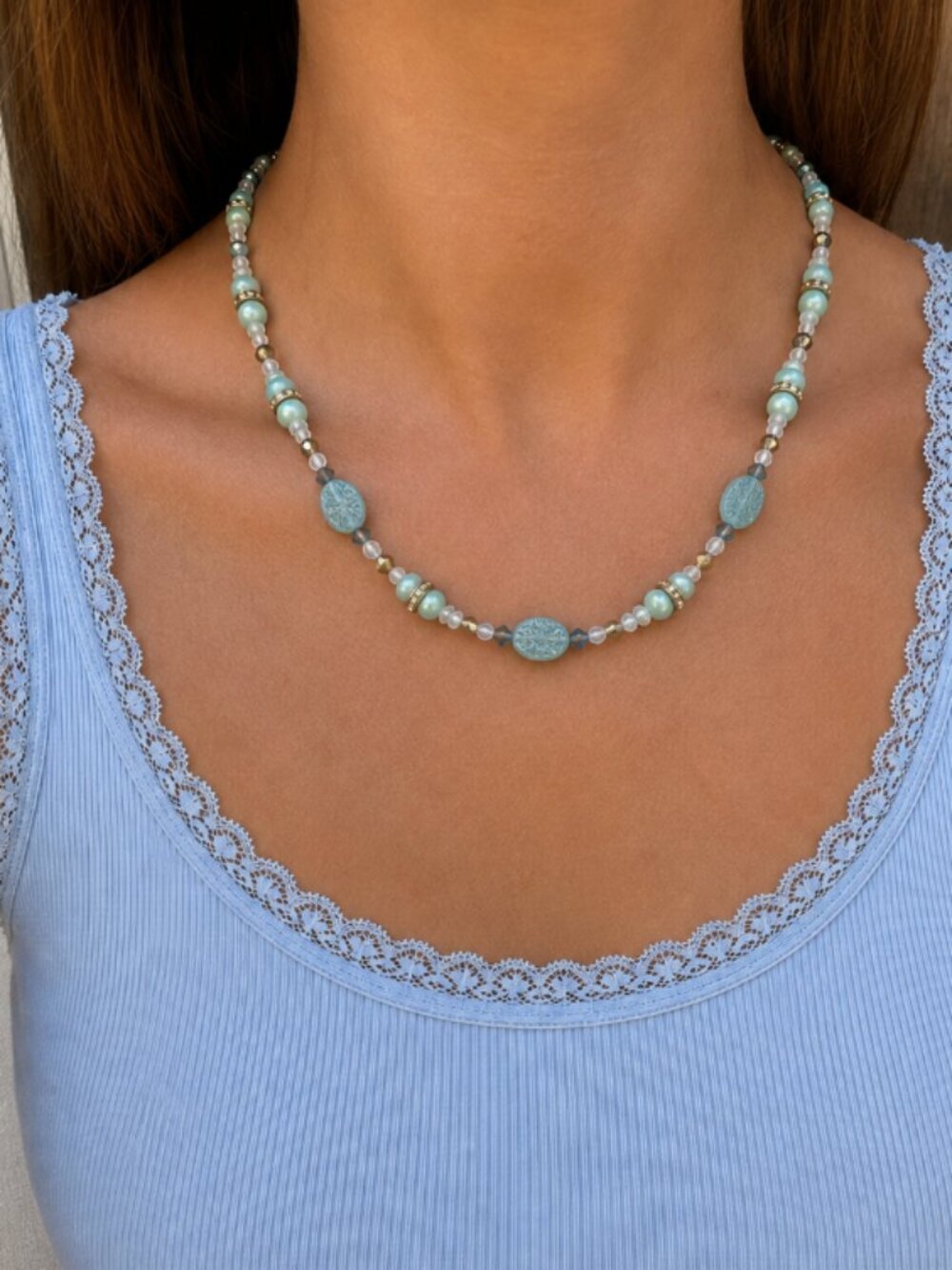 Aqua Blue Handmade Beaded Necklace